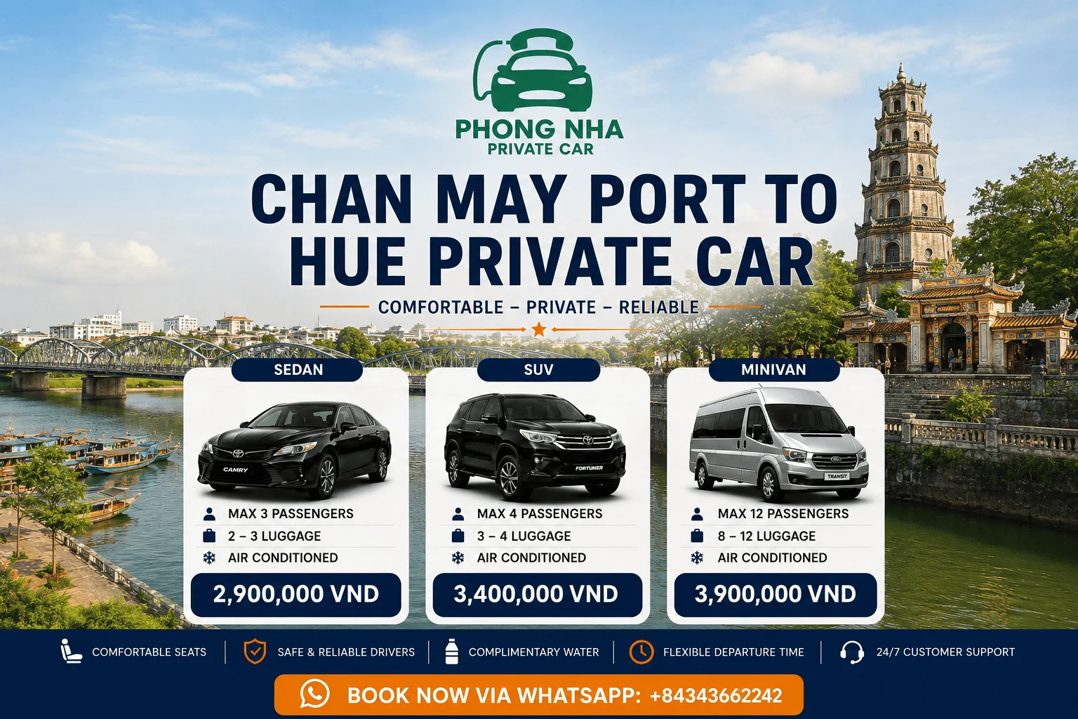 Chan May Port to Hue private car - Phong Nha Private Car